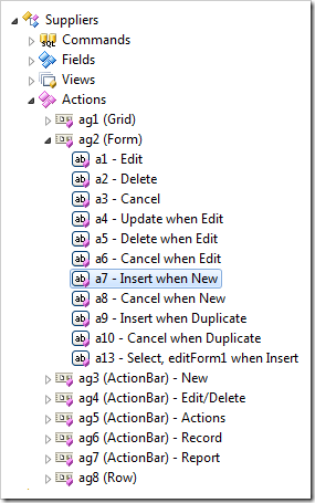 Action node 'a7 - Insert when New' selected in Project Explorer