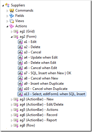 Action 'a13 - Select,editForm when SQL, Insert' selected in Project Explorer