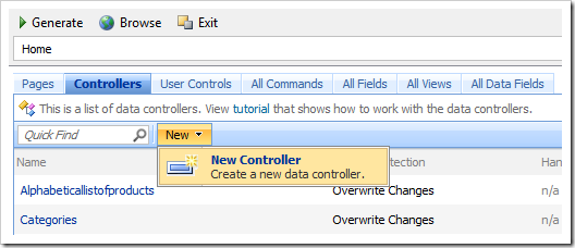 Create a new data controller in Project Designer of Code On Time web application generator