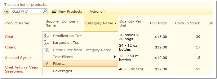 Filter option on the dropdown of 'Category Name' header.