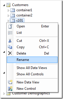 Context Menu 'Rename' option for container 'c101'.