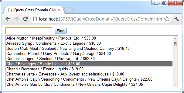 The search result displayed in jQuery cross-domain dynamic client of the demo web app when a search criteria is not specified