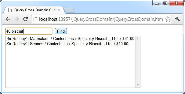 The search result displayed in jQuery cross-domain dynamic client of the demo web app with '40 biscuit' search sample