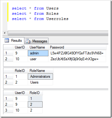 Tables in the foundation of the security system of a web app with custom membership and role providers created with Code On Time application generator
