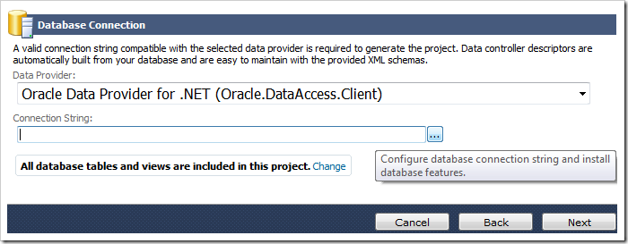 'Oracle Data Provider for .NET' data provider selected. The '...' button next to Connection String field will activate the 'Oracle Connection' screen.