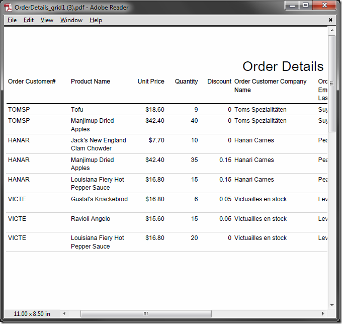 Order details from multiple orders are included in the report.