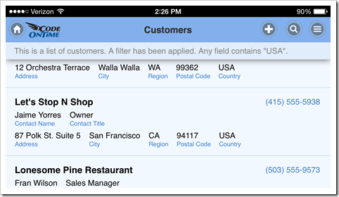 Full screen web app created with Code On Time on iPhone 5 with landscape orientation.