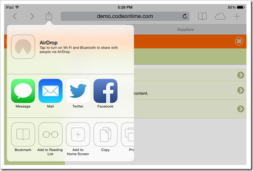 Select 'Share|Add to Home Screen' option to add web app created with Code On Time to home screen of iOS device.