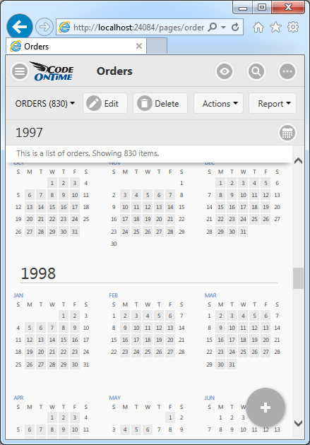 Year mode of Calendar view style in Touch UI on a small screen