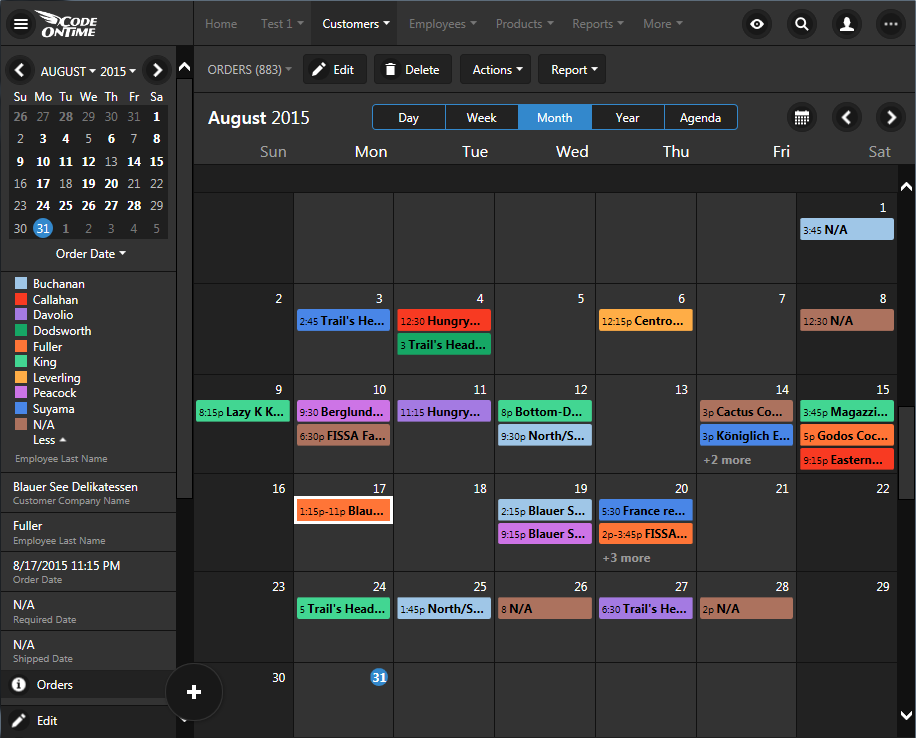 'Month' mode in calendar view of an app created with Code On Time.