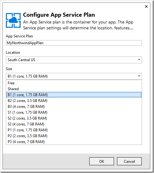 Configuring an app service plan for the web app.
