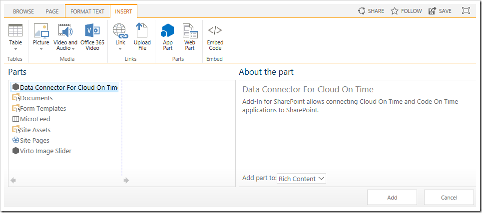 Inserting the "Data Connector For Cloud On Time" web part to the page.