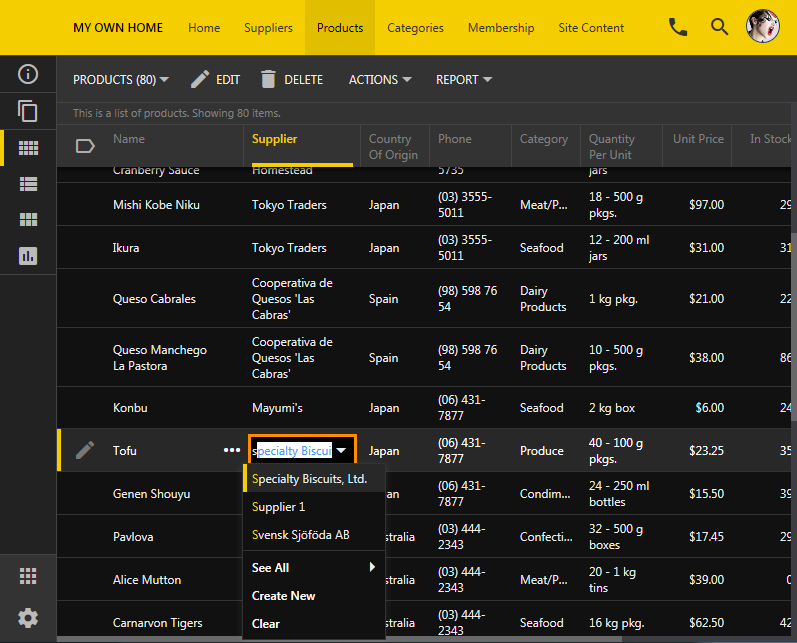 Inline Editing mode of a data row in an app based on Touch UI created with Code On Time app builder.