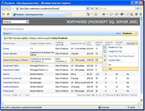 Default view in Data Aquarium Framework application created with Code OnTime Generator for ASP.NET and AJAX