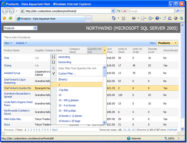 Sorting and filtering dropdown in Data Aquarium Framework application created with Code OnTime Generator for ASP.NET and AJAX