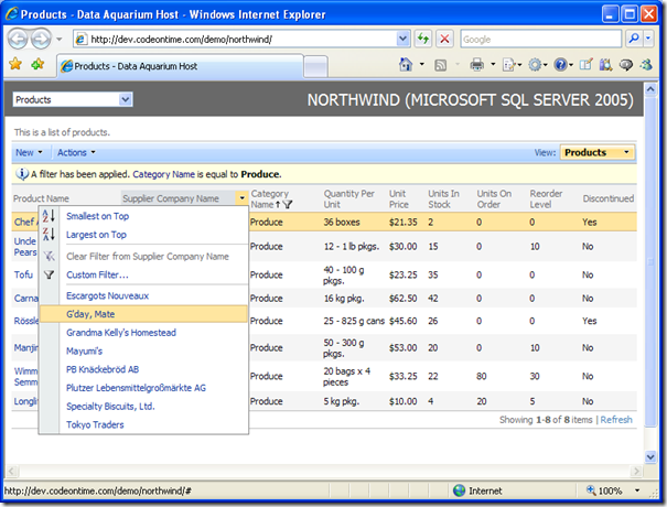 Sorting and filtering in Data Aquarium Framework application created with Code OnTime Generator for ASP.NET and AJAX