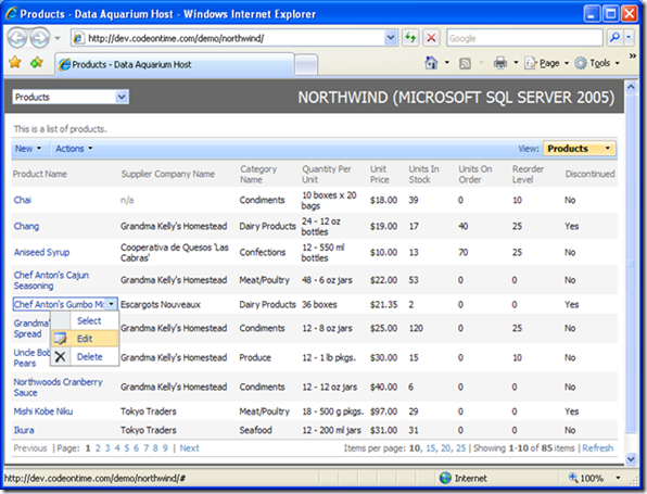 Option popup in Data Aquarium Framework application created with Code OnTime Generator for ASP.NET and AJAX