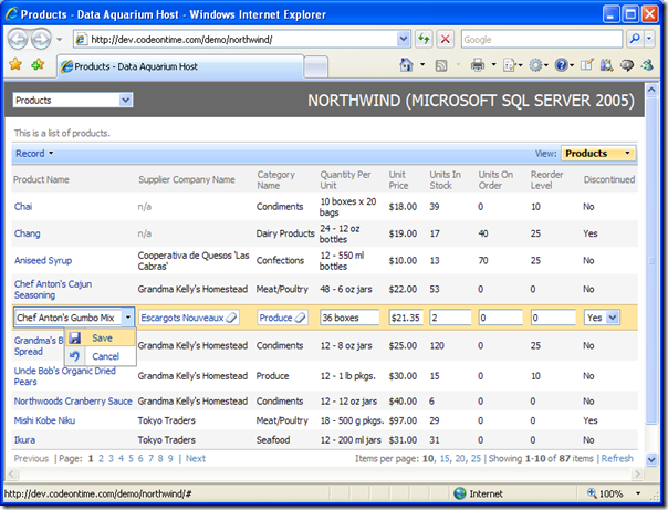 Edit mode for grid view in Data Aquarium Framework application created with Code OnTime Generator for ASP.NET and AJAX