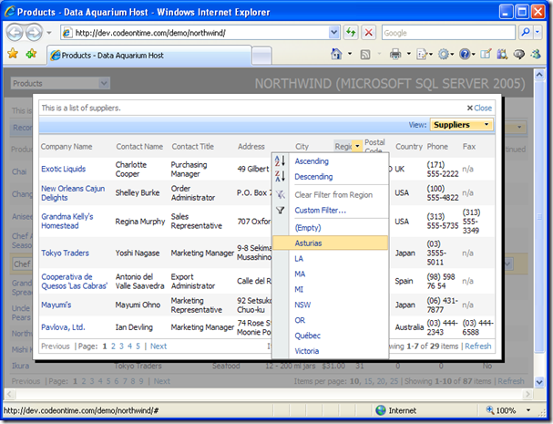 Sorting and filtering in the custom lookup control in Data Aquarium Framework application created with Code OnTime Generator for ASP.NET and AJAX