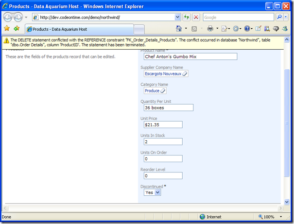 Deletion error message in Data Aquarium Framework application created with Code OnTime Generator for ASP.NET and AJAX