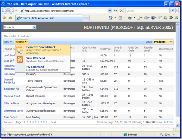 Action Bar in Data Aquarium Framework application created with Code OnTime Generator for ASP.NET and AJAX