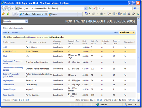 Highlighted new record in Data Aquarium Framework application created with Code OnTime Generator for ASP.NET and AJAX