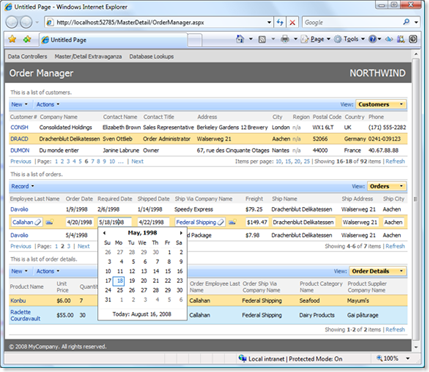 This is an example of the discussed master/detail screen. It shows Customers, Orders, and Order Details.