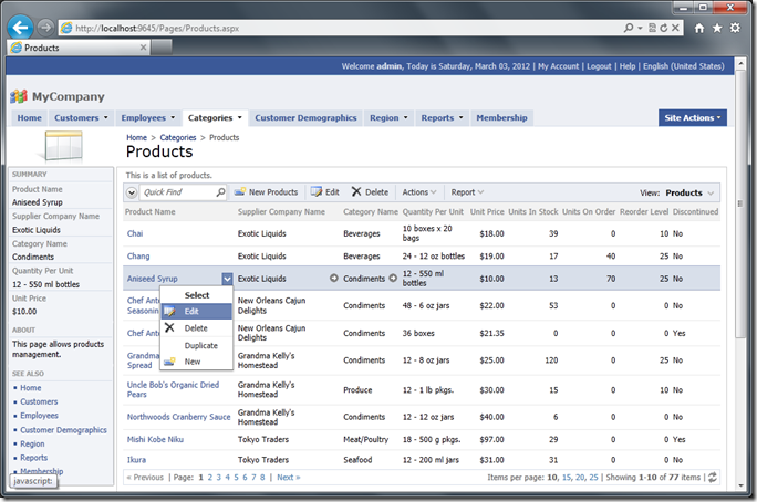 'Products'  list with all data manipulation capabilities enabled requires zero configuration