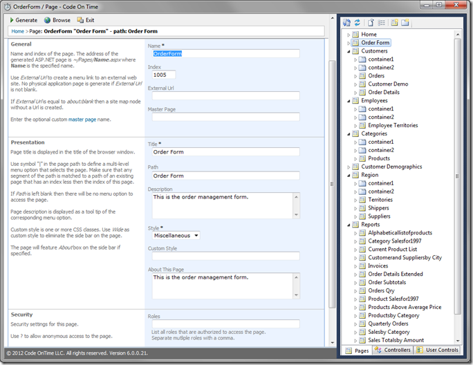 Order Form Page in Code On Time web application generator Order Form Page in Code On Time web application generator