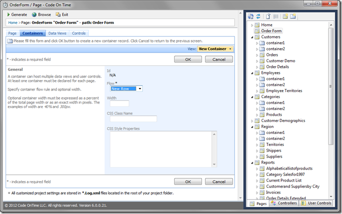 New container in Code On Time Designer New container in Code On Time Designer