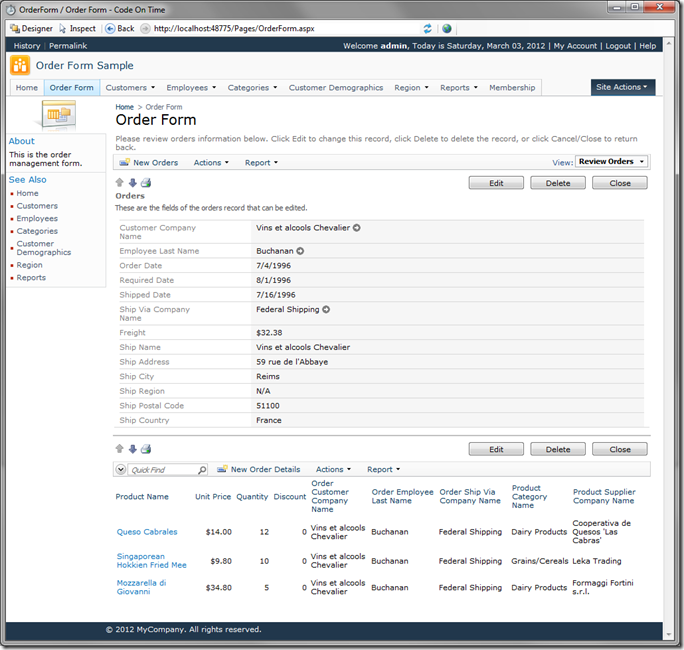 Order and Order Details in Code On Time web application Preview Order and Order Details in Code On Time web application Preview