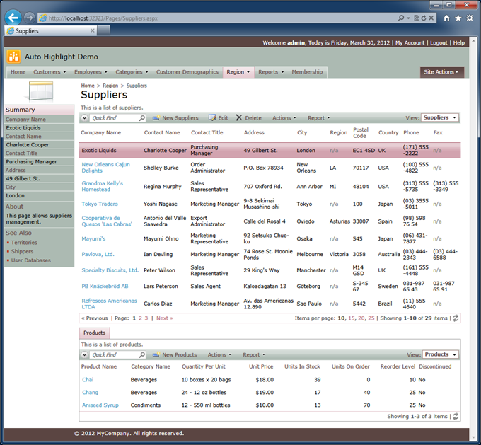 The initial state of the page loaded in a web browser if 'Auto Highlight First Row' property of the master view is enabled