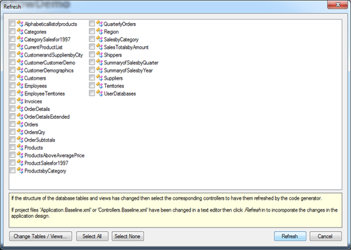 Project Refresh dialog in Code On Time web application generator