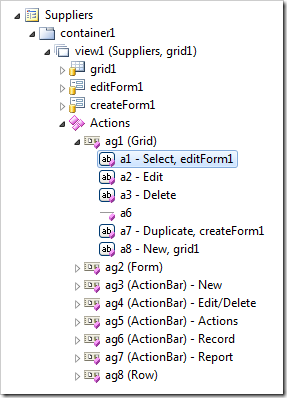 Action group with scope 'Grid' expanded in Project Explorer
