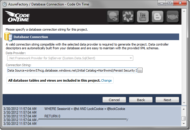 Configured connection string on Database Connection page of Code On Time web application generator