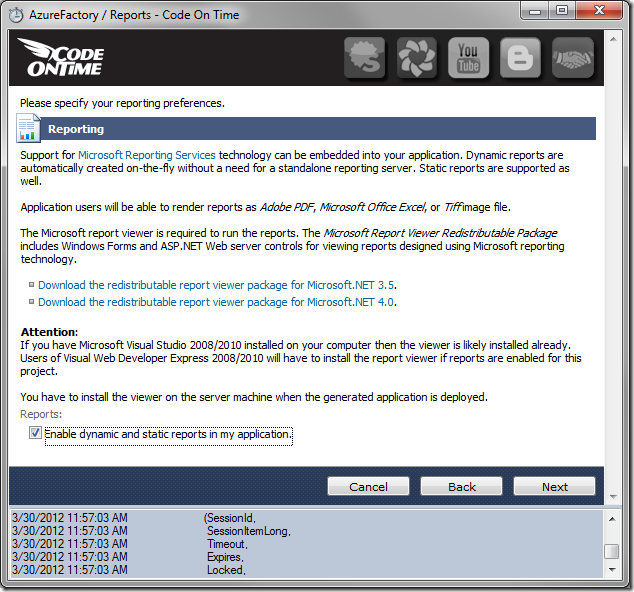 Enable reporting in Code On Time web application generator