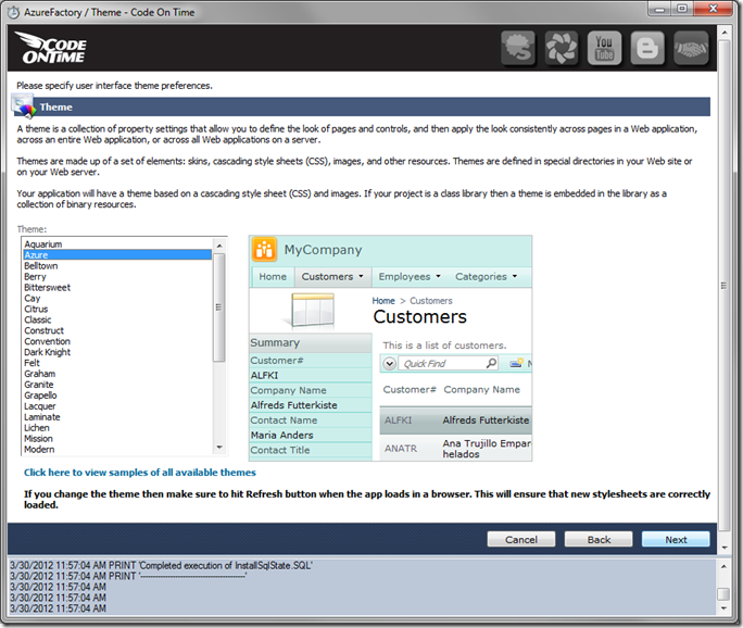 Azure theme selected in Code On Time web application generator