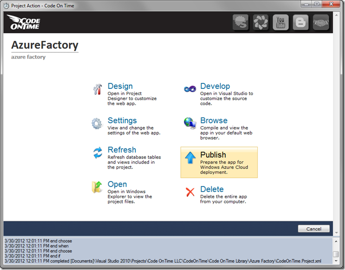 Publish button on Project page of Code On Time web application generator