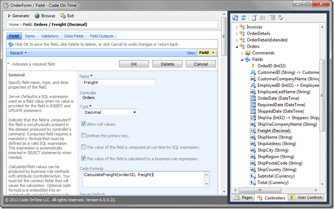 Code Formula for 'Freight' field in Code On Time Designer Code Formula for 'Freight' field in Code On Time Designer