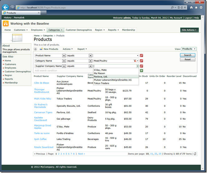 'Products' page of the automatically geneated Web Site Factory project