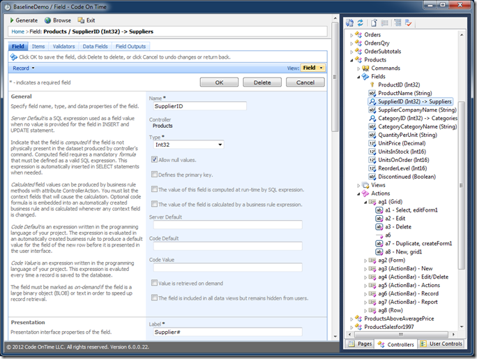 Properties of 'Products'.'SupplierID' field displayed in Project Designer