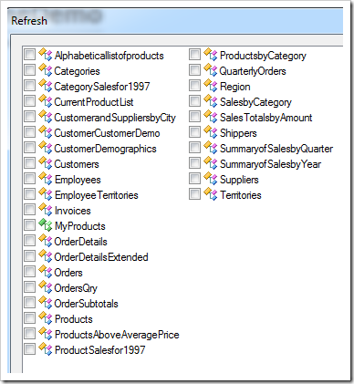 'Refresh' dialog with the custom data controller 'MyProducts'