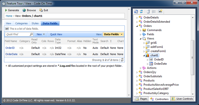 Data fields of a chart view in Project Designer