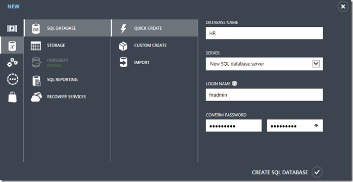 Creating a new SQL Database.