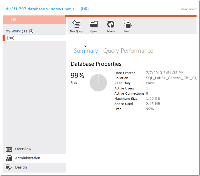 Administration page of Microsoft SQL Azure database management web app