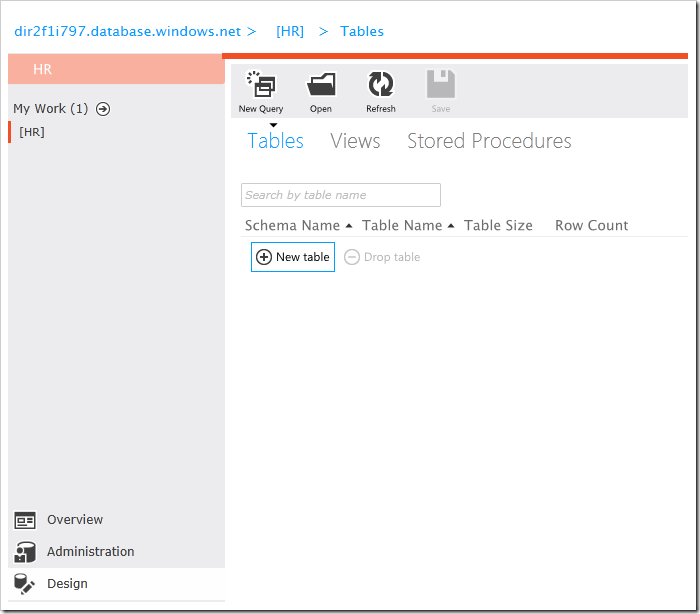 New Table button in Microsoft SQL Azure database management web app