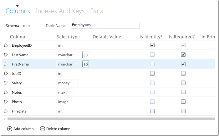 Employees table created in HR database using SQL Azure database management web app