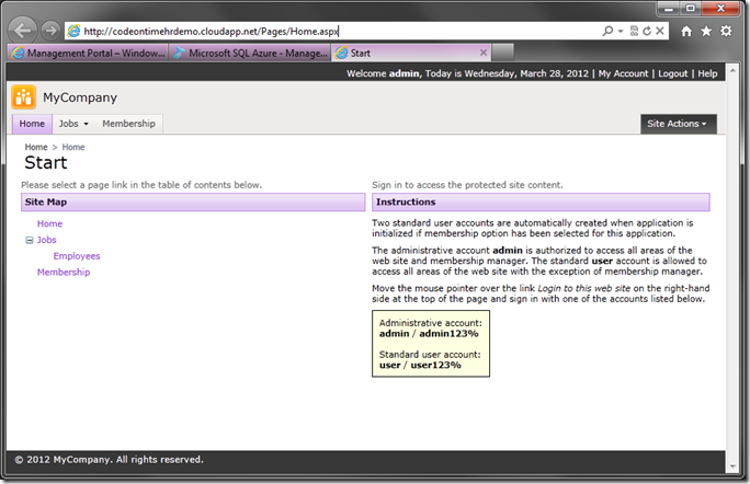 Code On Time Azure Factory web application running in Azure production deployment