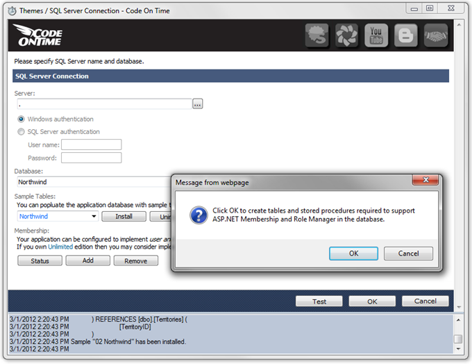 Install ASP.NET membership on SQL Server Connection Page in Code On Time web application generator Install ASP.NET membership on SQL Server Connection Page in Code On Time web application generator