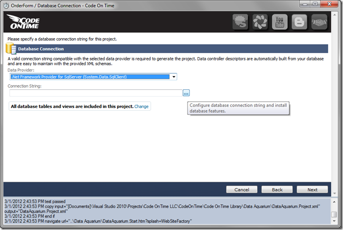 Database Connection String page in Code On Time web application generator